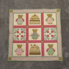 Vintage Handmade Patchwork Teddy Bear Quilted Wall Hanging Embroidered 30" Pink