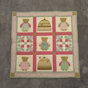 Vintage Handmade Patchwork Teddy Bear Quilted Wall Hanging Embroidered 30" Pink