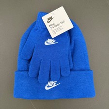 Nike Beanie  Gloves Set Kids Boys Unisex Girls Logo Blue White Knit