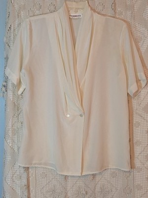 Vintage Madison's Cream Polyester Shawl Neck Short Sleeve Business Blouse Size 8