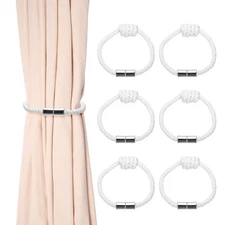 6Pcs Magnetic Curtain Tiebacks, Elegant Weave Curtain Tie Backs, Cotton White