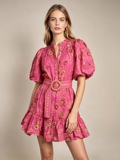 NWT Farm Rio x Anthropologie Beaded Belt Puff Sleeve Pink Mini Dress Sz SP