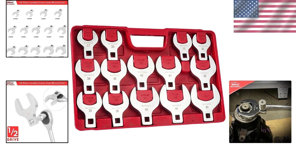 Jumbo Crowfoot Wrench Set - 14-Piece 1/2" Drive, Metric 27-50mm, Rust-Resistant Foto 2 de 4