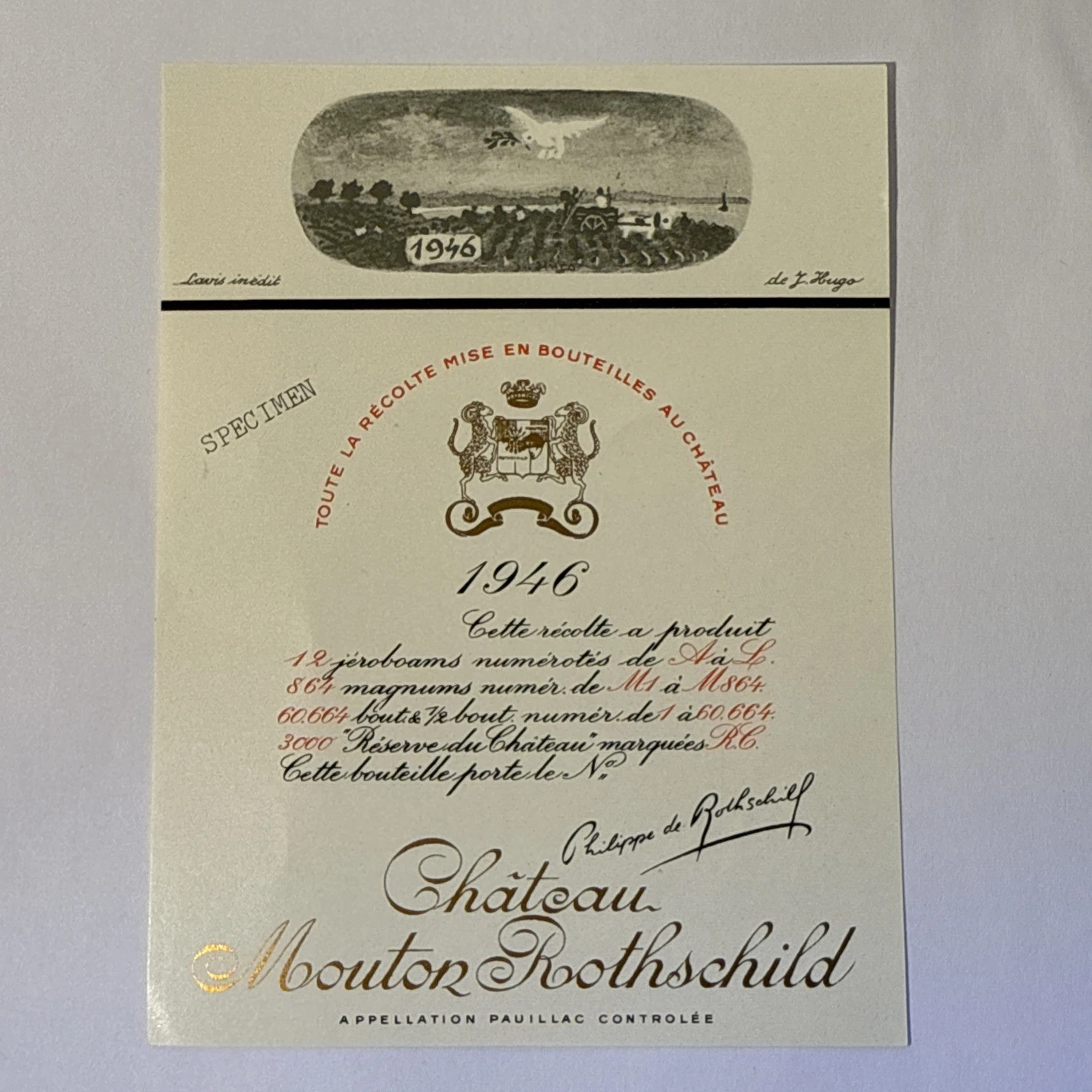 Étiquette De Vin Château Mouton Rotschild Spécimen 1958