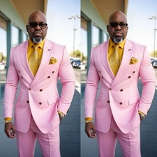 Pink Men's Suits Double Breasted Formal Wedding Groom Tuxedos Casual Two Pieces