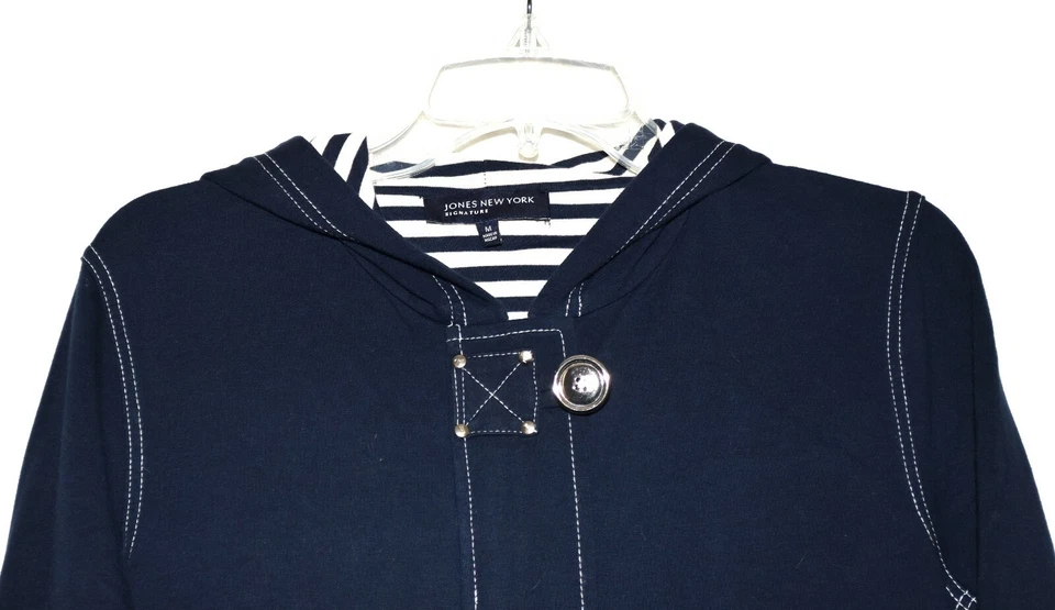 Jones New York Signature Navy Blue Nautical Hooded Womens Knit Jacket Size M - Image 4 of 4