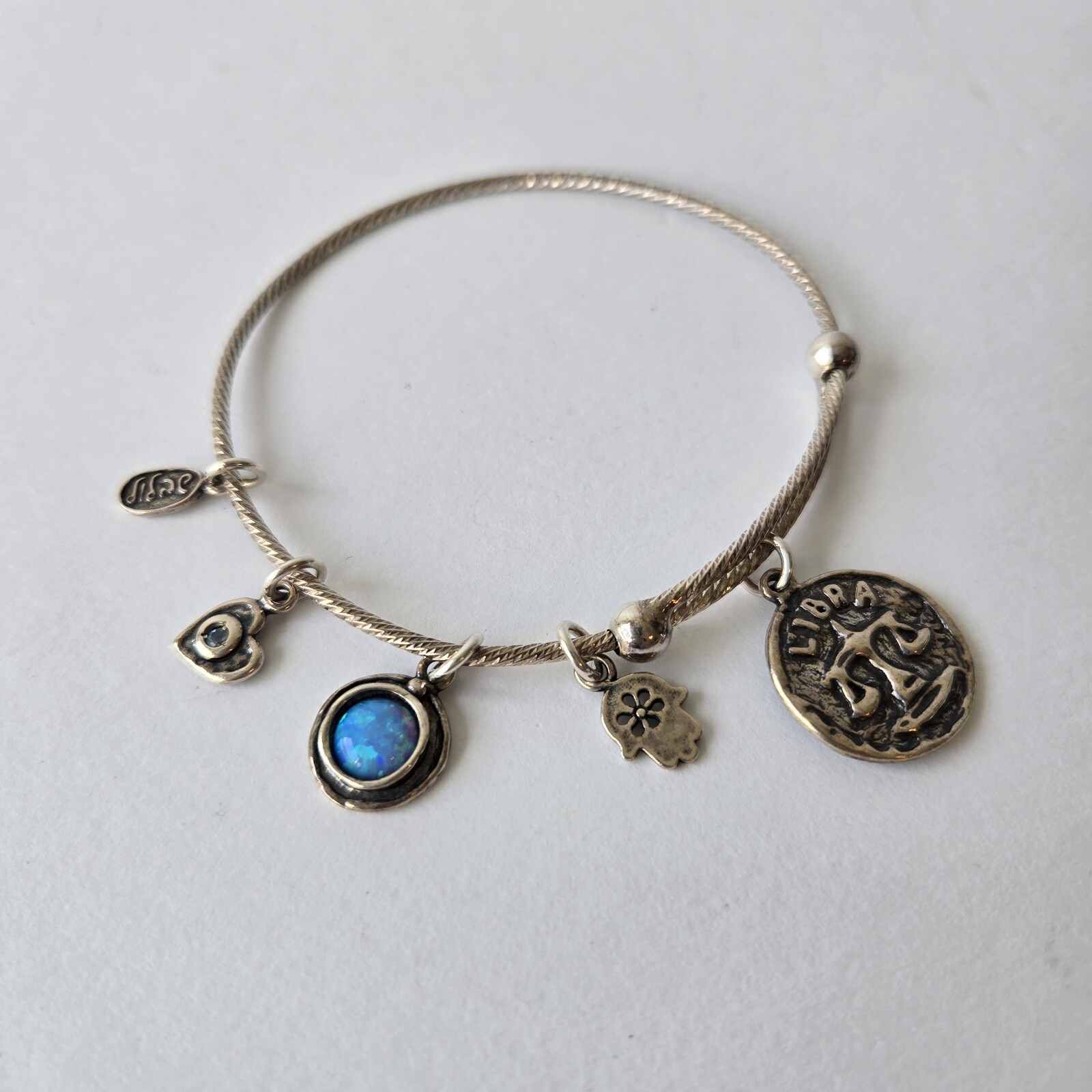 Bangle Bracelet w/925 Sterling Silver Charms Blue Opal Heart Israel Libra Expand-image
