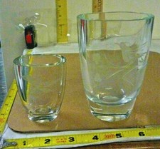 2 Vtg Etched  Crystal Art Glass Bird Vases - Oval - 4½"H x 3¼W & 2¾"H x 2¼W