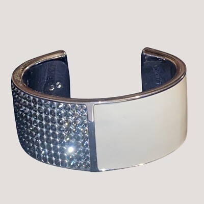 Wide Swarovski Beauty Silver Cream Crystal Bling Cuff Bracelet  Adjustable