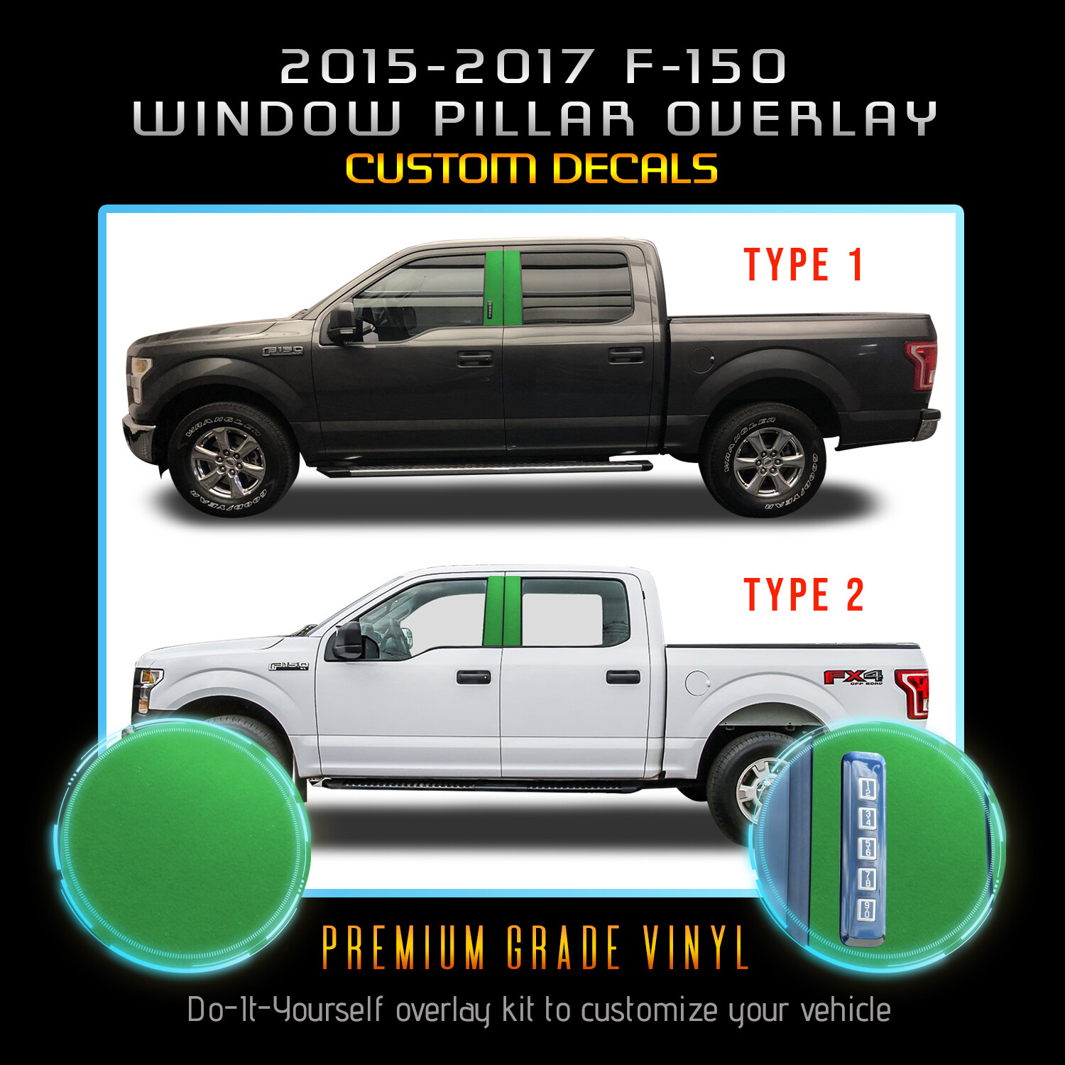 For 20152017 Ford F150 F150 Door Window Pillars Trim Vinyl Satin Matte Chrome eBay