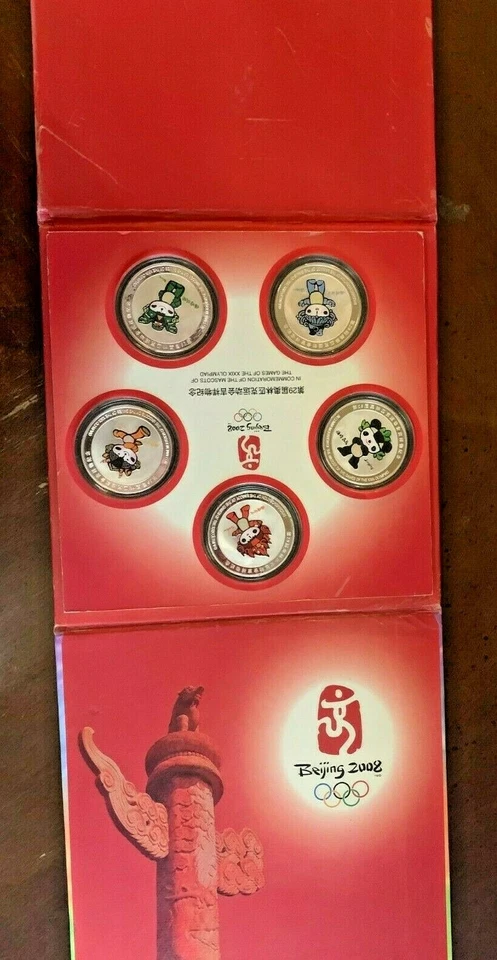EDICIÓN LIMITADA 2008 Mascota Juegos Olímpicos de Pekín 5 Monedas Plata Sobre Bronce Caja Set Foto 3 de 3