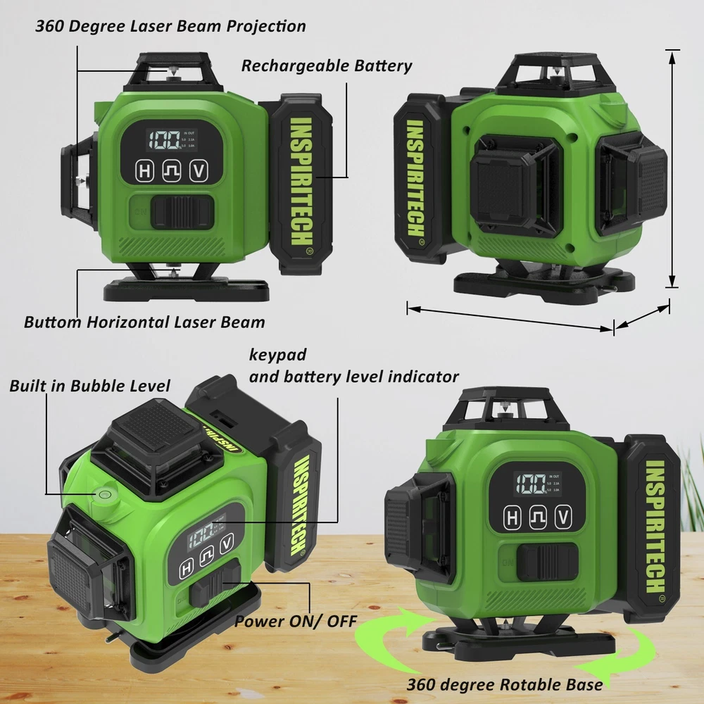 INSPIRITECH 4x360 Self-Leveling Laser Level for Floor Wall Ceiling Alignment