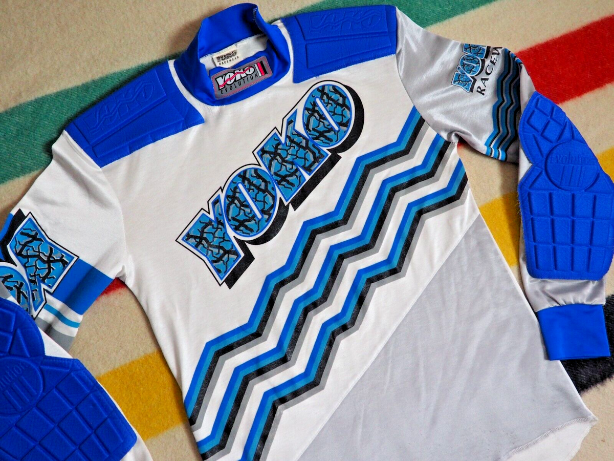 VTG 90s YOKO Racewear White Blue MX BMX Moto USA L/S Jersey Shirt