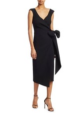 $2190 NEW Oscar de la Renta Stretch Wool Bow Wrap Black MIDI Dress 2 4