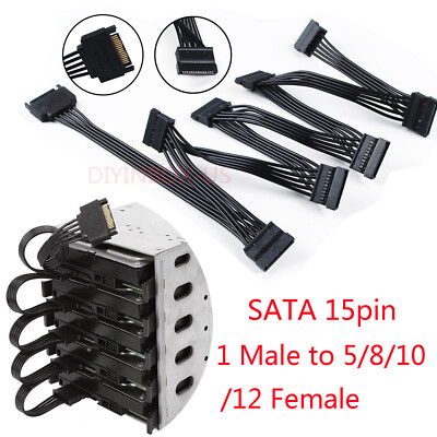 SATA Hard Drive Power Cable 15 Pin 1 Male To 5/8/10/12 Female Splitter F HDD SSD