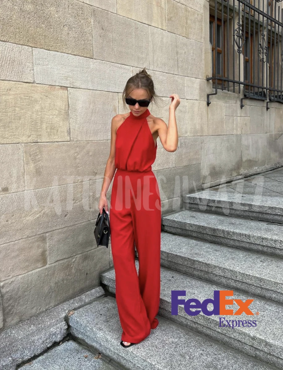 ZARA NEW WOMAN SS23 RED LONG HALTER NECK JUMPSUIT REF:0387/159