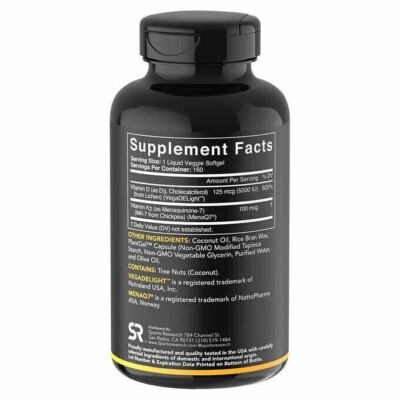 Sports Research Plant Based Vitamin D3 + K2, 160 Veggie Softgels