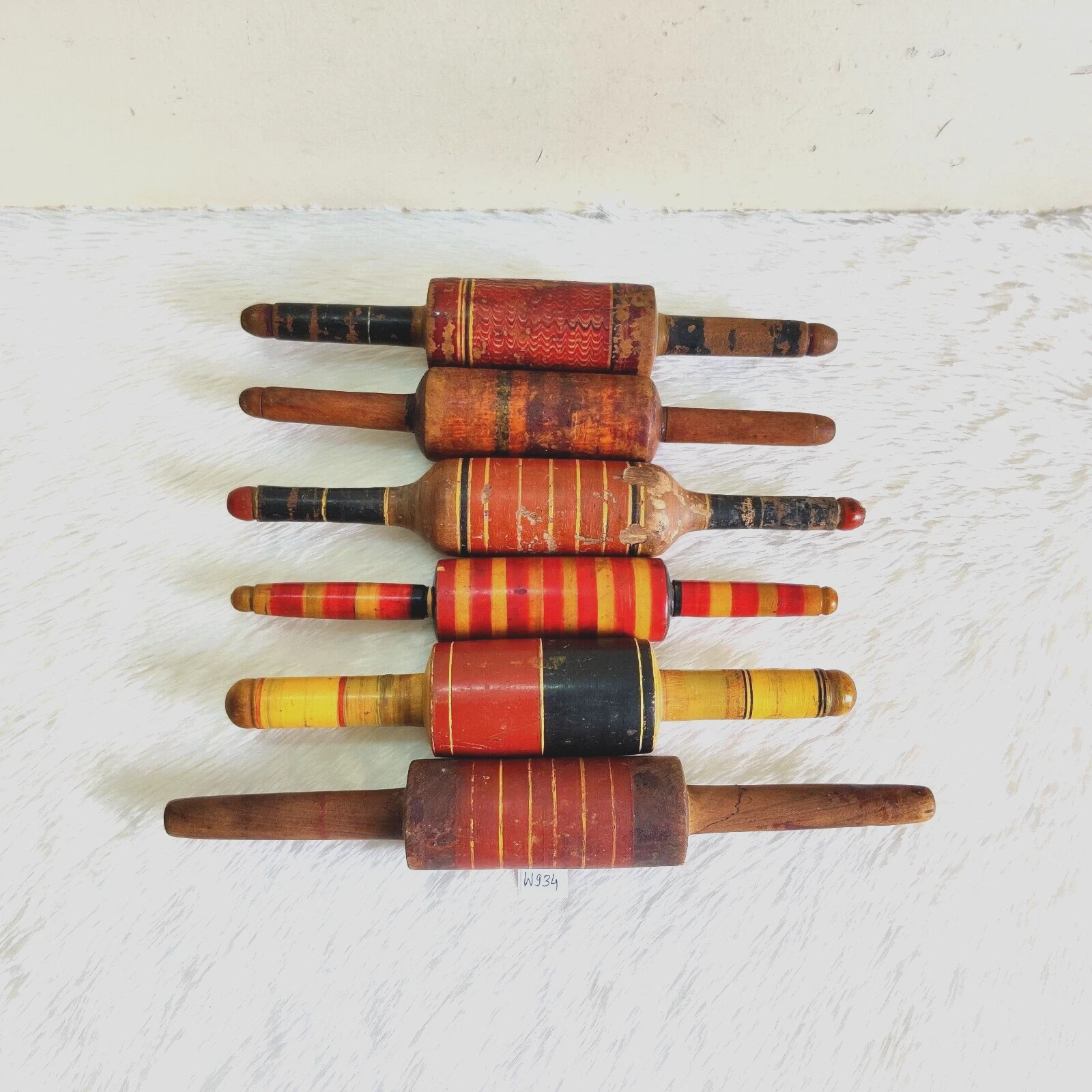 Antique Lacquered Multi Color Tortilla Bread Baker Wooden Rolling Pin 6Pc W934