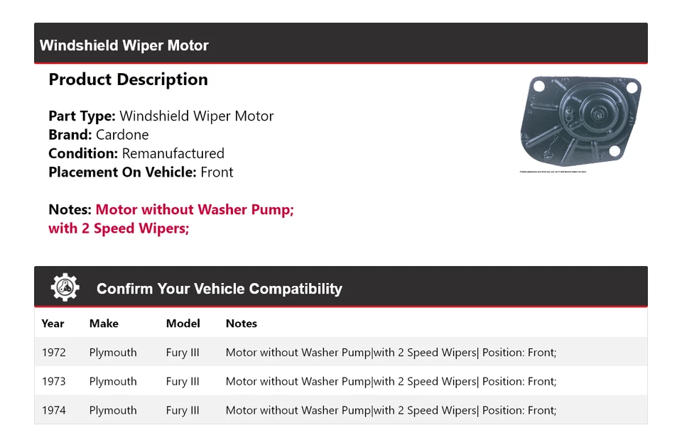 适用于 1972 - 1974 年 Plymouth Fury III 挡风玻璃 Wiper 电机前 Cardone 1973 — 第 2/4 张图片