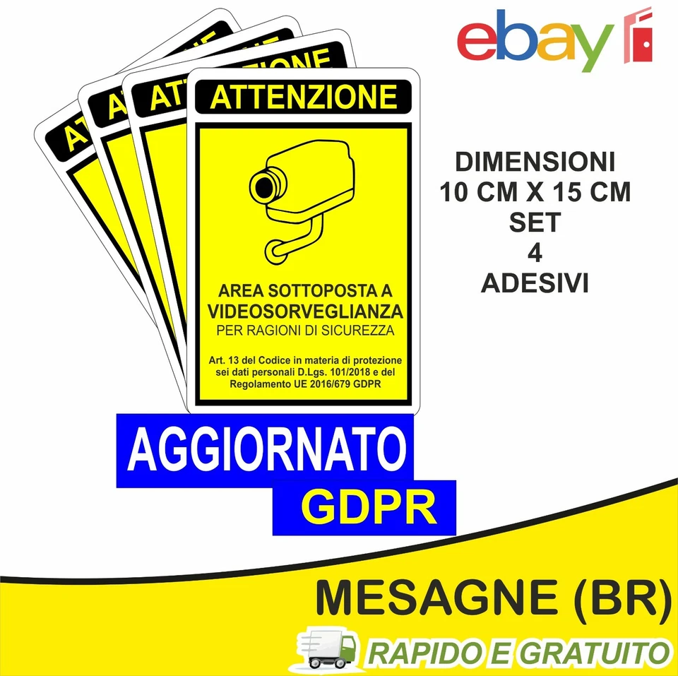 N°4 ADESIVO Cartello area videosorvegliata sottoposta a videosorveglianza 15X10