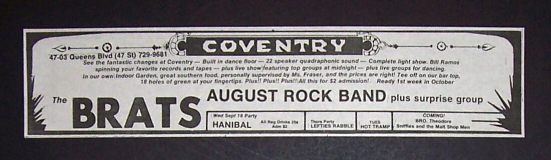 The Brats Coventry Club Queens NY 1974 Concert Ad, Advert (Rick Rivets ...