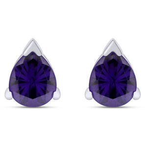 Solid 14k White Gold 6x4mm Pear Simulated Amethyst Earrings 