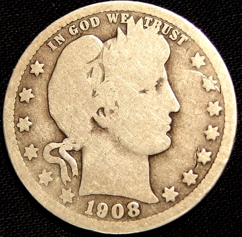 1908-O Barber 25 Cent Quarter 90% Silver Coin