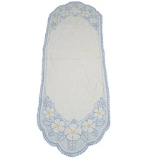 Vintage Embroidered Table Runner White Blue Floral Lace Trim Doily Accent 46X16