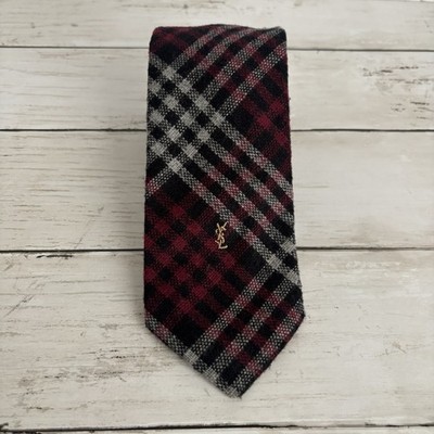 Vintage Yves Saint Laurent Heather Mist Necktie Plaid Wool Blend Red Tie