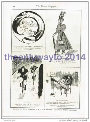 Neue Frau, 4 Comic-Skizzen, Buchillustration, um 1895
