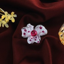 Beautiful Rose Red Cubic Zirconia Flower Adjustable Silver Plated Ring for Women