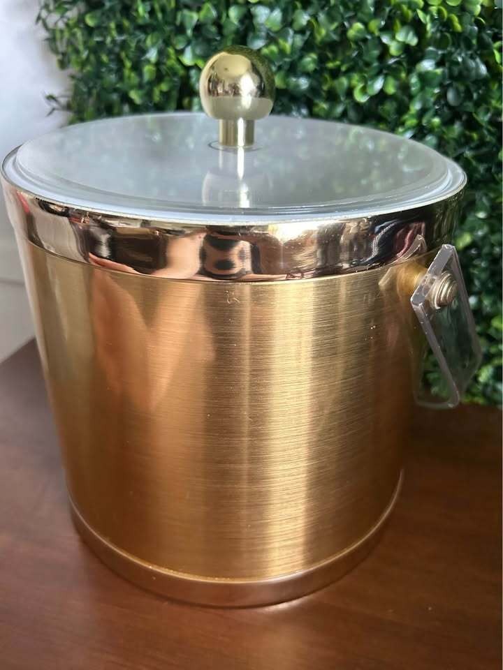 Vintage brass-tone ice bucket with lucite handle lid, retro barware