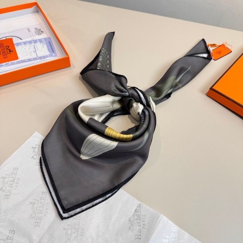 Hermès Black Silk Square Scarf with “Eternal Bouquet” Print 35x35in