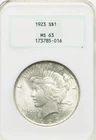 1923 Peace Silver dollar NGC MS 63 Older Generation Holder