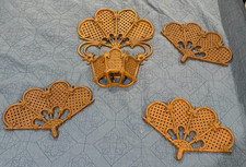 Vtg Burwood Products Faux Rattan Wicker Wall Art Set 4 MCM Boho Fans  Basket