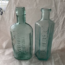 2 VINTAGE POISONOUS NOT TO BE TAKEN RIBBED AQUA GLASS BOTTLES