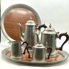Vintage Kirk Stieff Pewter Set:  Teapot, Coffee Pot, Creamer, Sugar, 2 Trays EUC
