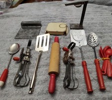 Vintage Child Toy Kitchen Utensils Lot Red Wood Handles Rolling Pin Beater 1950s