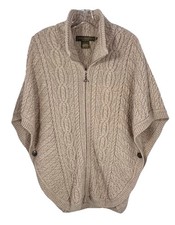 INIS CRAFTS Womens S/M Oatmeal Chunky Merino Wool Aran Zip Poncho Cape Ireland