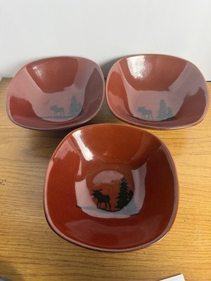 Set of 3 Rustic Moose Brown Bowls Cabin Decor Nature s Home Stoneware 7 in
