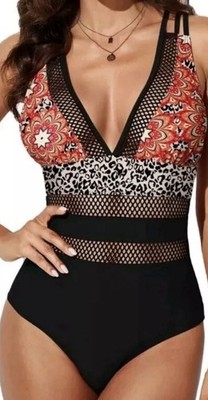 Swimsuit High Cut Tummy Control Leash Waist Tri Color One Piece size LARGE NEW