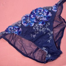Victoria's Secret M string BIKINI PANTY NAVY BLUE Silver Purple Floral embroider