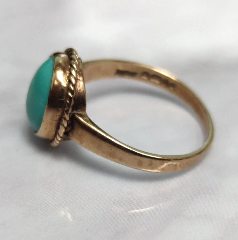 Anillo de oro amarillo de 9 quilates piedra turquesa verde Reino Unido sello anillo talla L 1/2 Foto 4 de 4