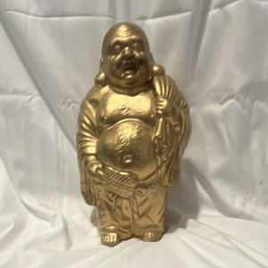 Gold-Tone Laughing Buddha Standing Robed Figurine Statue, Buddhism