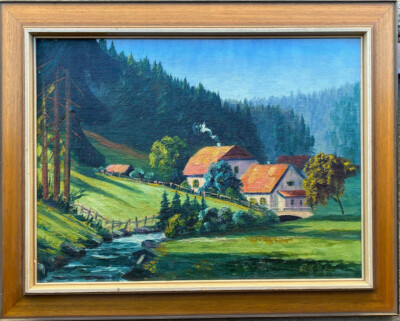 ::ÖLGEMÄLDE BAUERNGEHÖFT MIT DORF IN DEN BERGEN IM SCHWARZWALD UNDEUTL.SIGN.