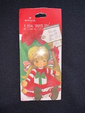 Vintage Hallmark Flocked Christmas Stickers Gift Trim Seals Unused Pack NOS Girl