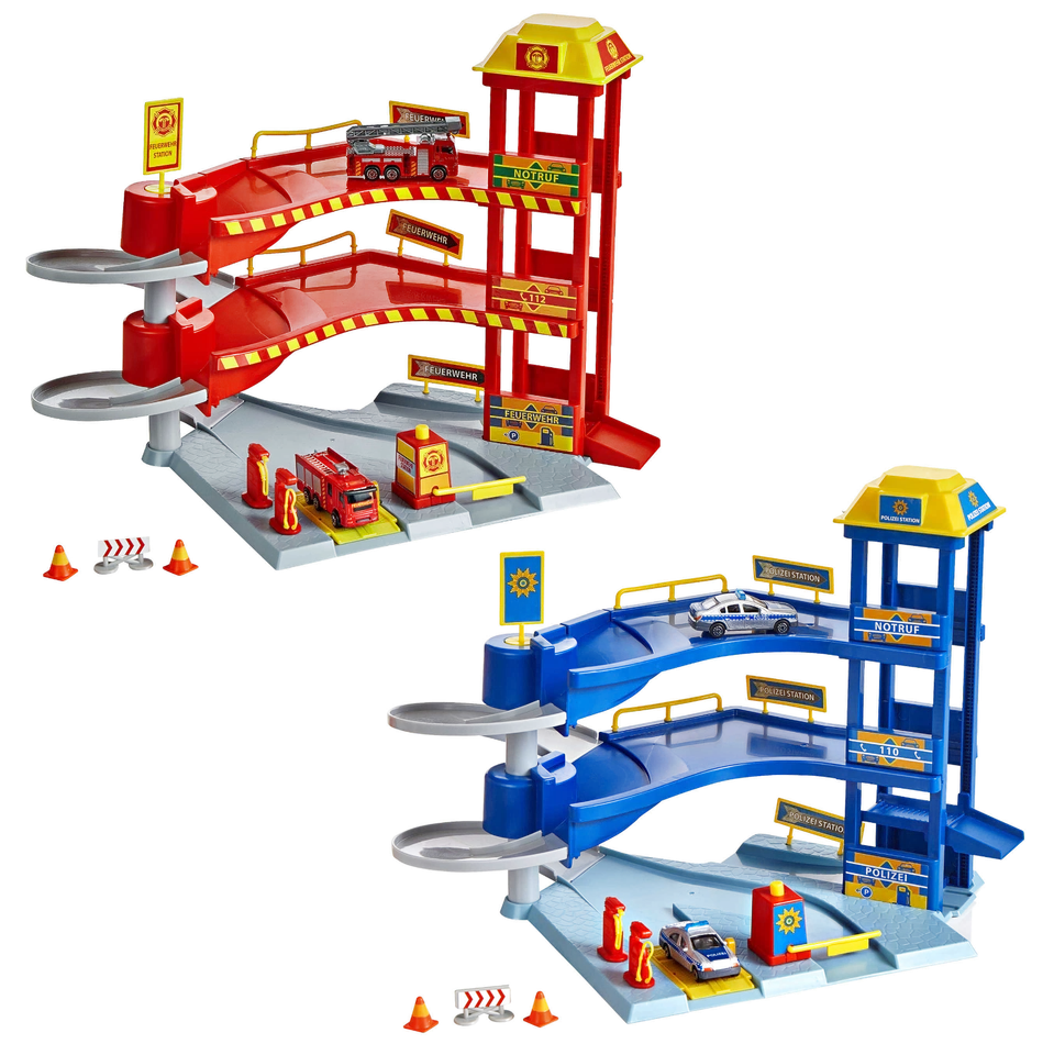 DICKIE TOYS Dickie Rescue Polizei Feuerwehrstation Parkhaus 3 Etagen 2 Autos Einsatzfahrzeug