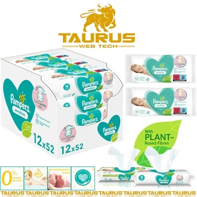 PAMPERS 624 x BABY Wet Wipes PAMPER'S SENSITIVE Soft Gentle FRESH Clean Babies UK 52 Pcs