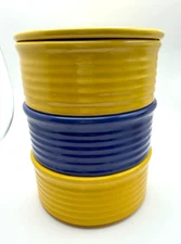 Vintage Bauer Refrigerator Jar Set w Lid Cobalt Blue Yellow - GOOD CONDITION