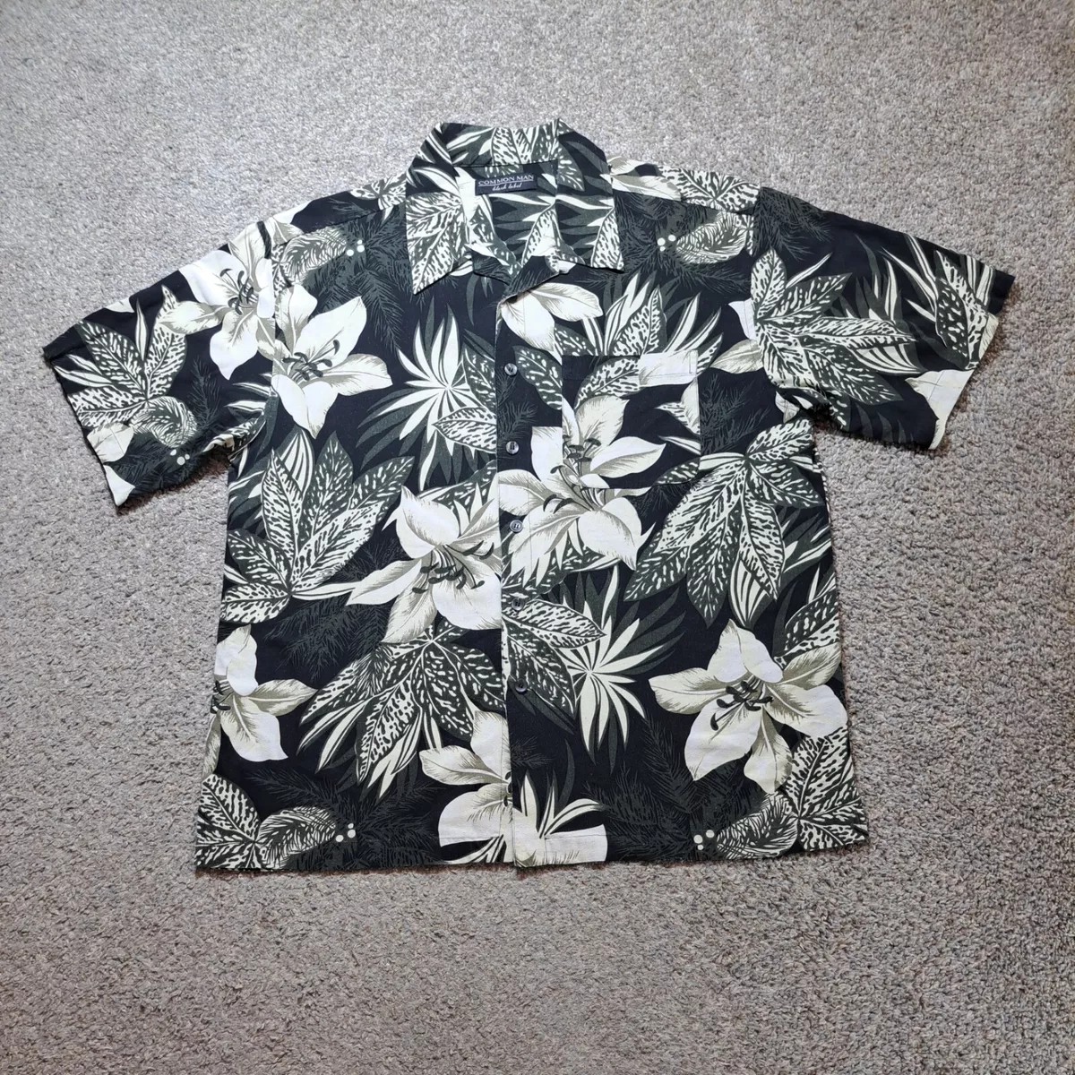 Common Man Black Label Silk Hawaiian Shirt Mens L Black Hibiscus Print Short